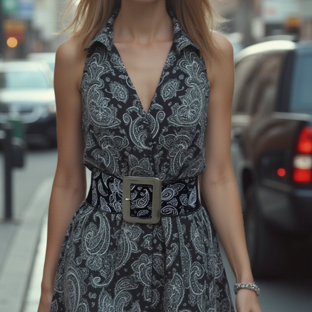 Womenâs Wide Black White Elastic Waist Hip Belt Silver Buckle Paisley Print S M - Picture 12 of 17
